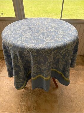 Martha Stewart Blue Floral Round Tablecloth with Green Accent, 70 inches